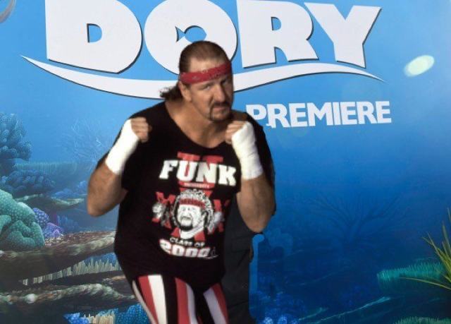 Confused Terry Funk seeks brother at premiere of Finding Dory