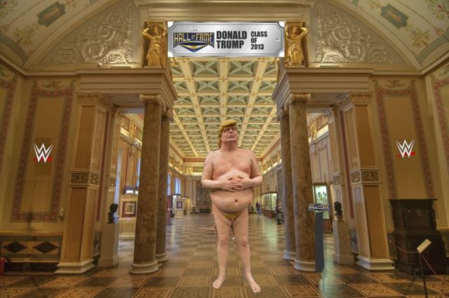 Mob of morons marching to WWE Hall of Fame to protect statue of Trump