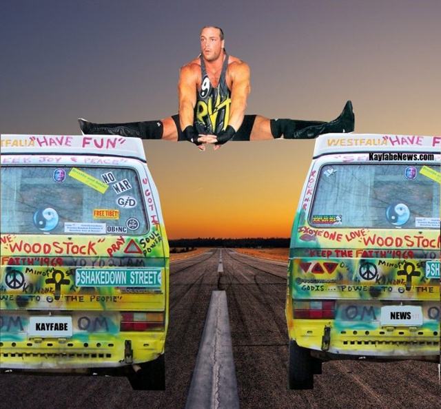 Rob Van Dam does epic splits between two weed vans