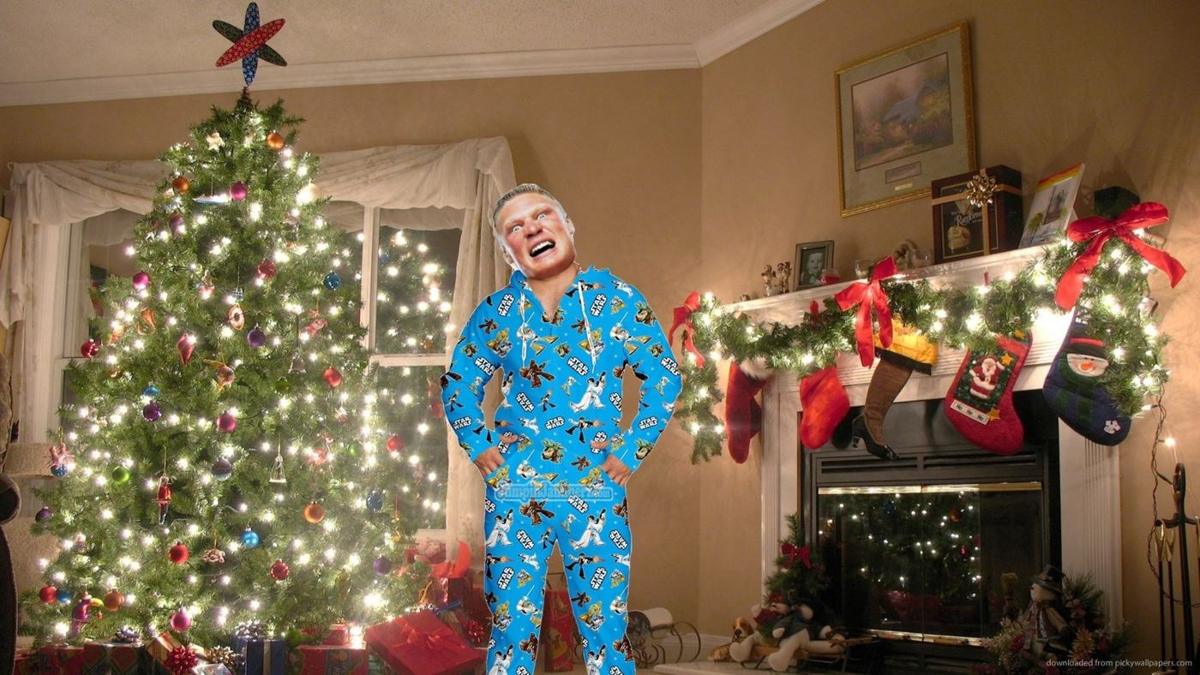Pajama-clad Lesnar dashes downstairs to see what Santa brought