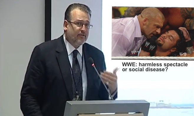 Pro wrestling “glorifies bullying and violence,” reports sissy who deserves ass-whuppin’