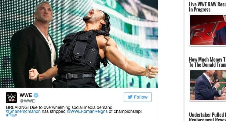 “Due to overwhelming social media support,” Reigns stripped of title