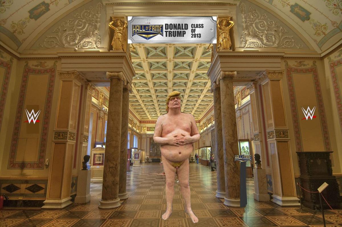 Mob of morons marching to WWE Hall of Fame to protect statue of Trump