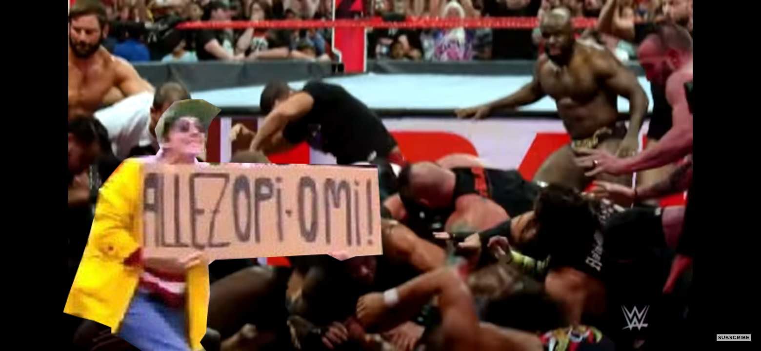 Spectator with sign causes massive 27-wrestler pileup on WWE Raw
